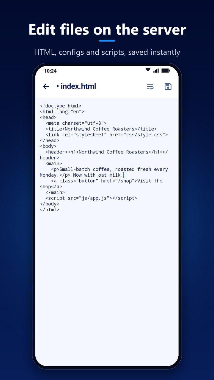 AskariFTP's built-in text editor showing the HTML of an index.html file on the server