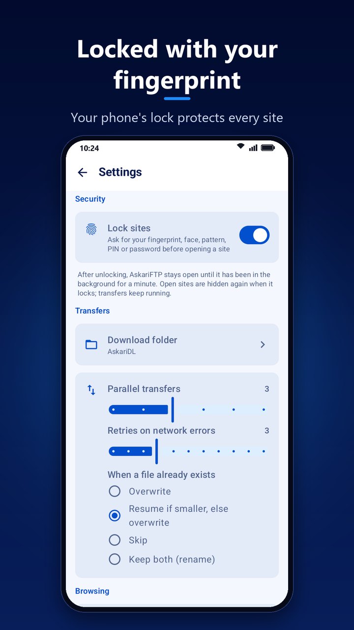 AskariFTP's Settings with the Lock sites switch on, the download folder, parallel transfers and retries sliders, and the choices for when a file already exists