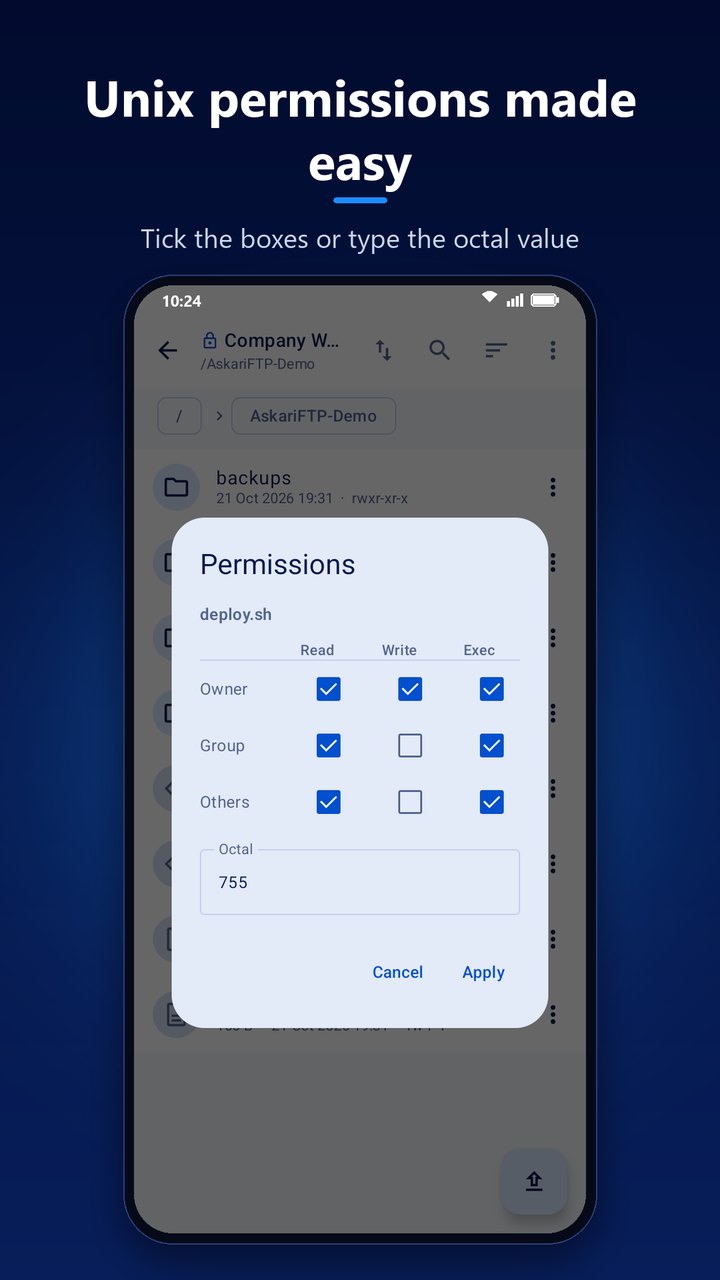 AskariFTP's Permissions dialog for deploy.sh with read, write and execute boxes for owner, group and others and the octal value 755