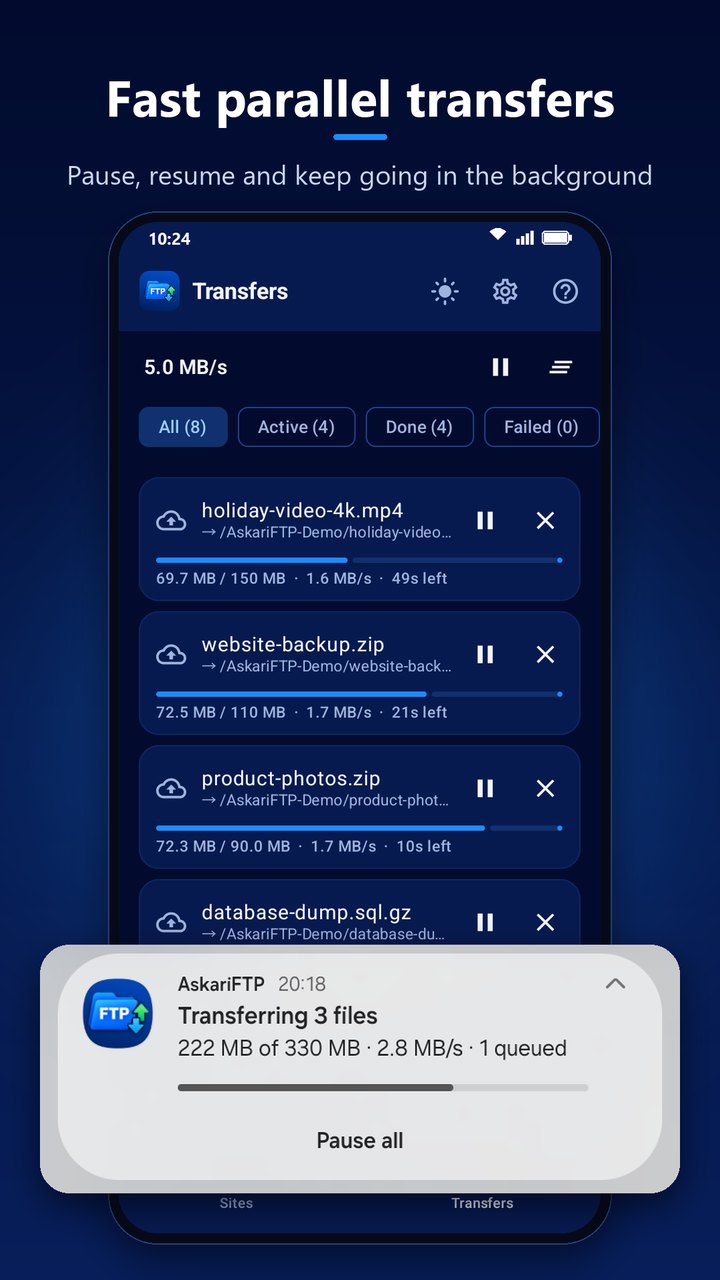 AskariFTP's Transfers tab in the dark theme with four uploads running in parallel, each with its speed and time left, and a progress notification with a Pause all button