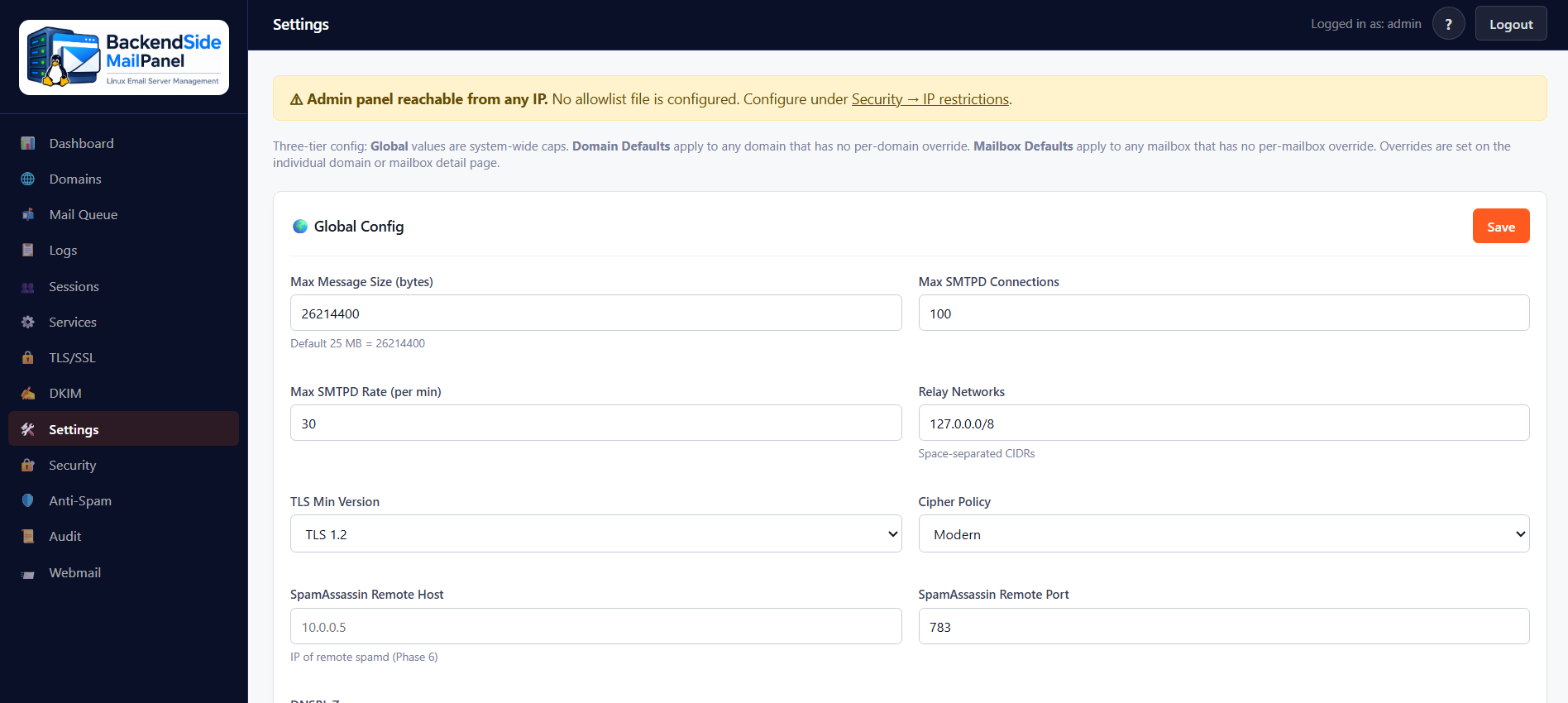 Settings tab