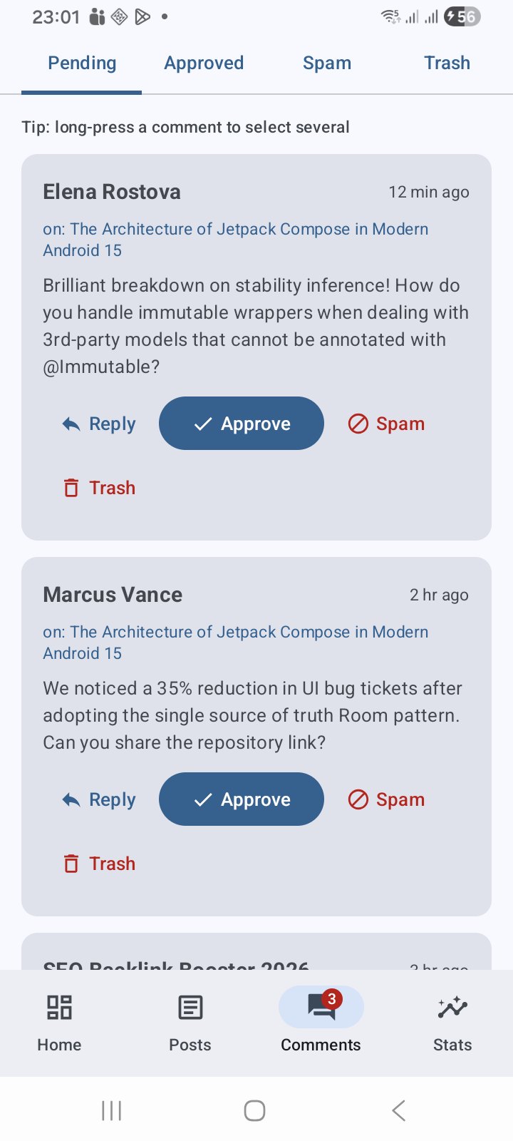 The Comments screen with Pending, Approved, Spam and Trash tabs and labelled Reply, Approve, Spam and Trash actions on each comment