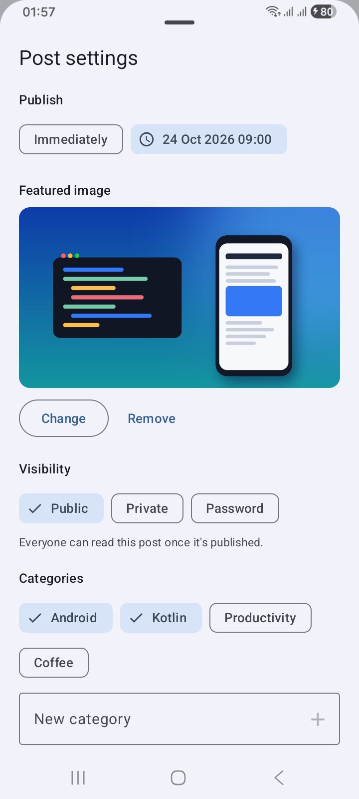 Bloggie&rsquo;s Post settings sheet with publish timing, a featured image, visibility (public, private or password) and category chips with a New category field