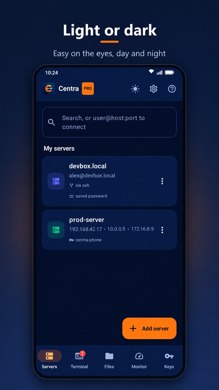 Centra's server list in the dark theme, with saved servers including one reached through a jump host