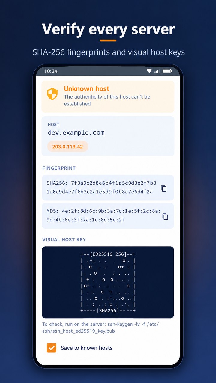 Centra's Unknown host dialog for dev.example.com showing the server's SHA-256 and MD5 fingerprints, its visual host key randomart and a Save to known hosts option