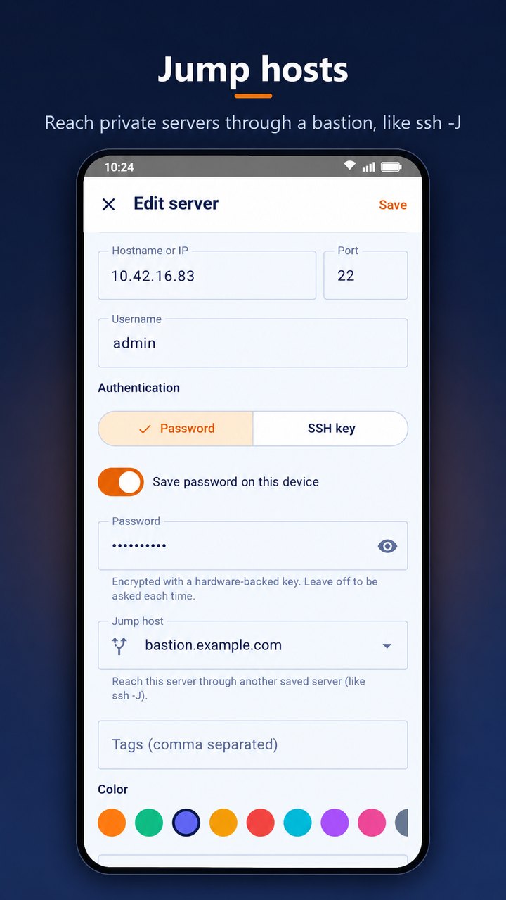 Centra's Edit server screen with hostname, port, username, password authentication, a saved password and a Jump host field set to bastion.example.com, plus tags and a colour picker