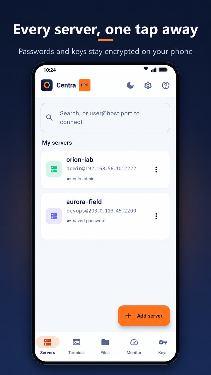Centra's server list in the light theme, with a search or user@host:port quick-connect box above two saved servers and an Add server button