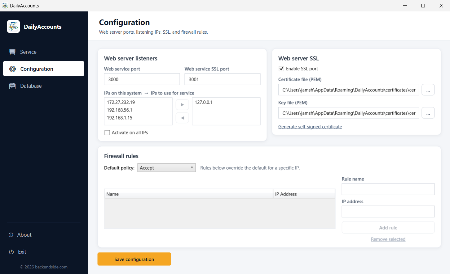 The admin Configuration tab with web and SSL port settings, a list of the machine's addresses and which ones to serve on, certificate and key file paths, and per-address firewall rules
