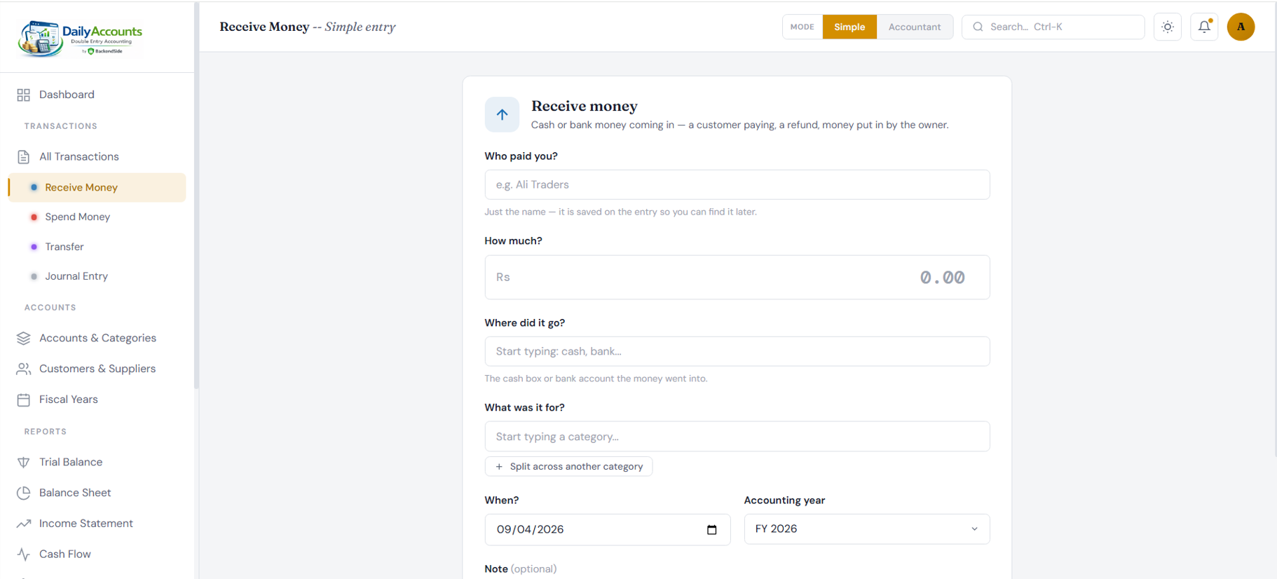 The Receive Money guided screen asking who paid you, how much, where the money went and what it was for, with an option to split across another category