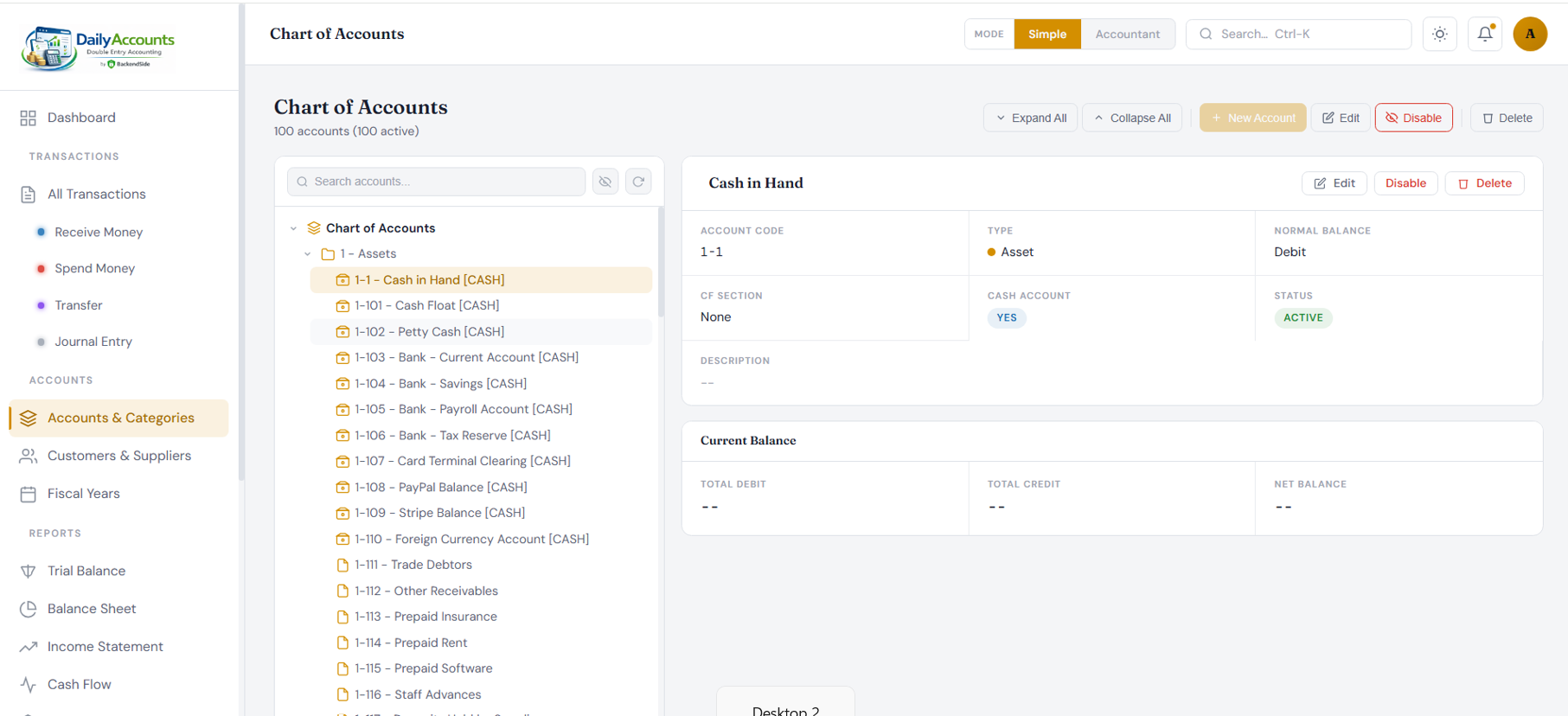 The Chart of Accounts screen with a searchable account tree on the left and the selected account's code, type, normal balance, cash-flow section and current balance on the right