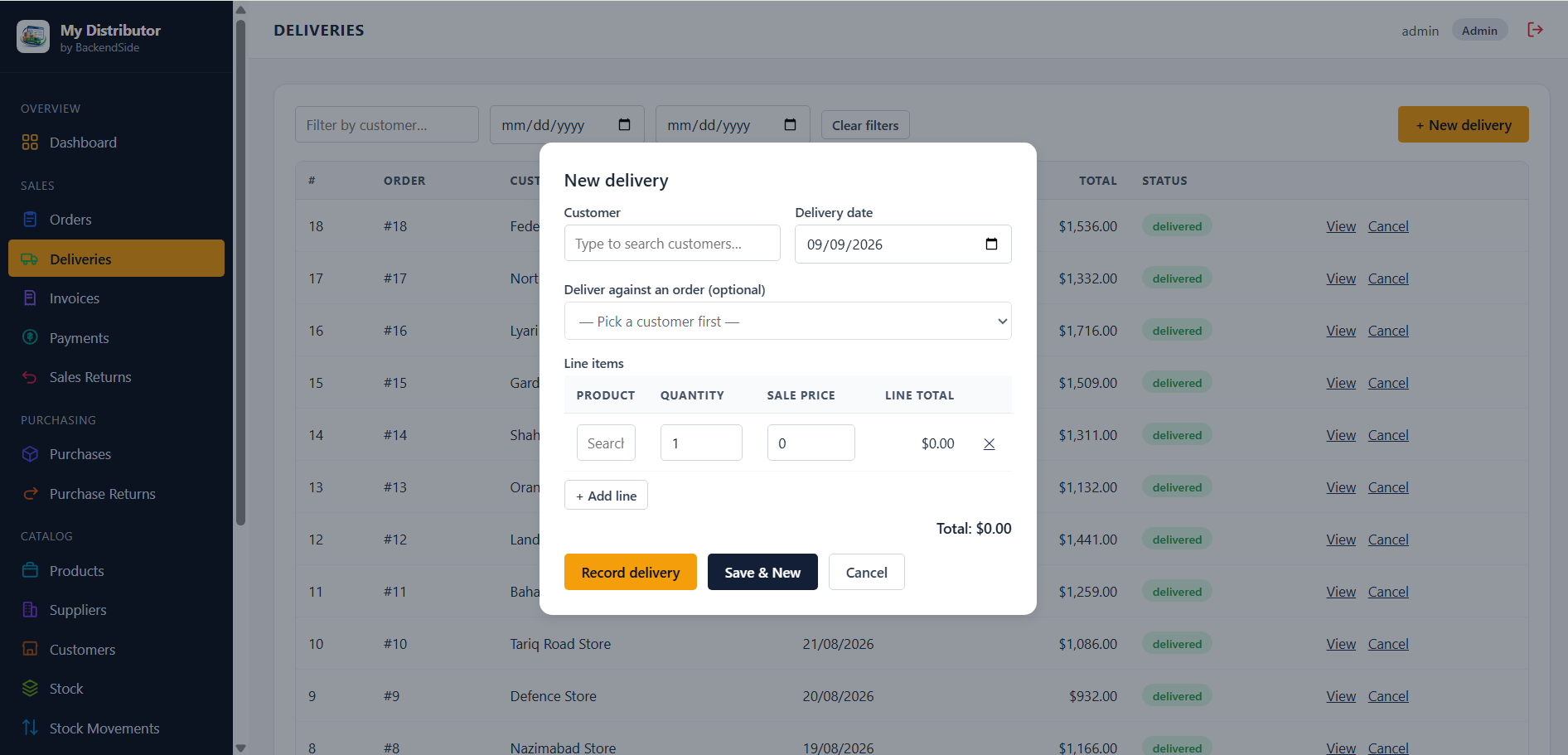 The New Delivery dialog over the Deliveries list, with customer search, delivery date, an optional order to deliver against, line items, and Record Delivery, Save and New, and Cancel buttons