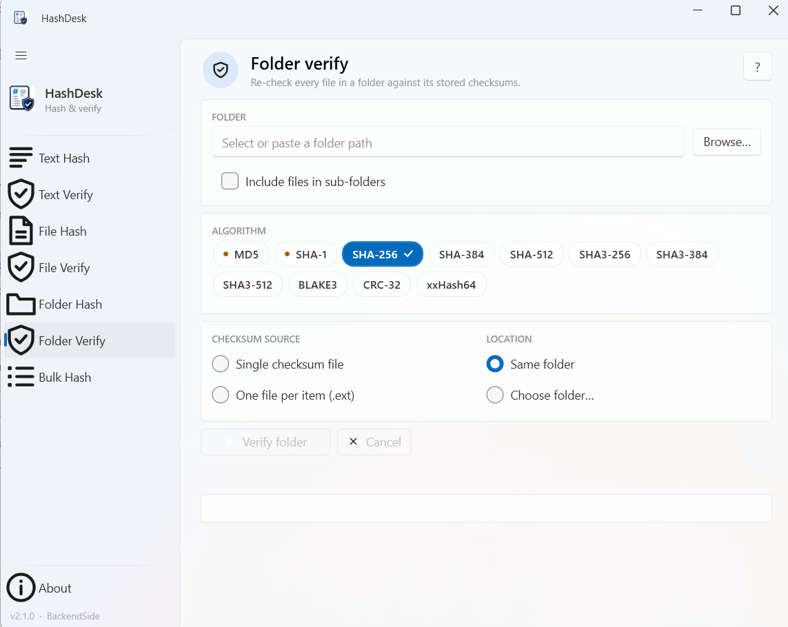 HashDesk Folder Verify page with checksum source and location options