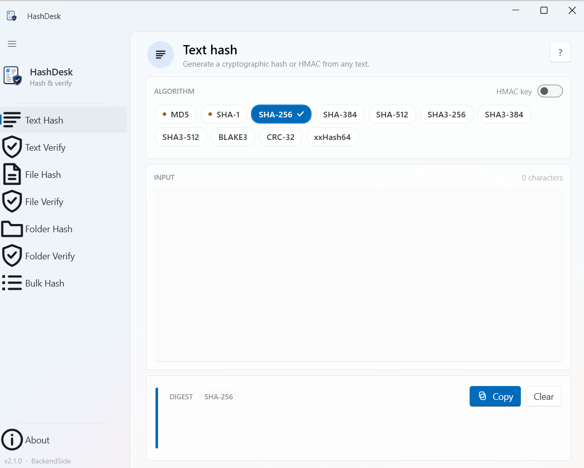 HashDesk Text Hash page with the eleven algorithm chips, HMAC key switch and digest card
