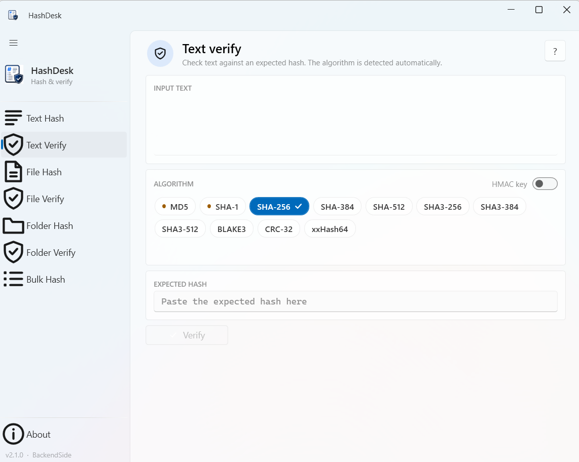HashDesk Text Verify page with input text, algorithm chips and an expected-hash field