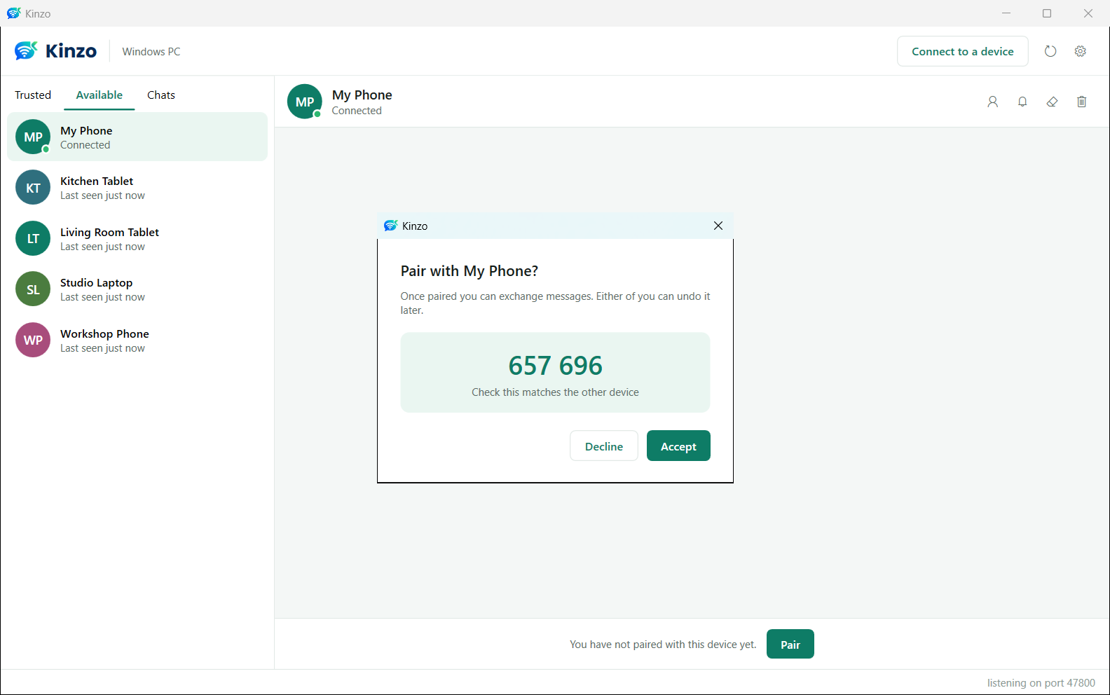 Kinzo for Windows showing a Pair with My Phone? request with the six-digit code 657 696 and the note Check this matches the other device, with Decline and Accept buttons