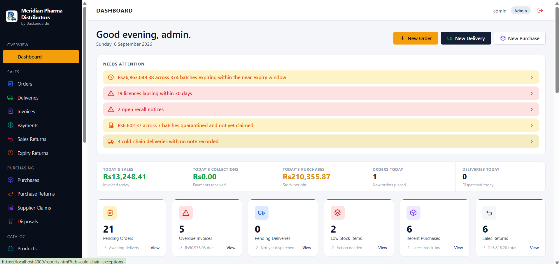 The dashboard with a Needs Attention band listing value expiring, licences lapsing, open recall notices, unclaimed quarantined stock and cold-chain deliveries missing a note, above today's sales, collections and purchases and a row of pending-item tiles
