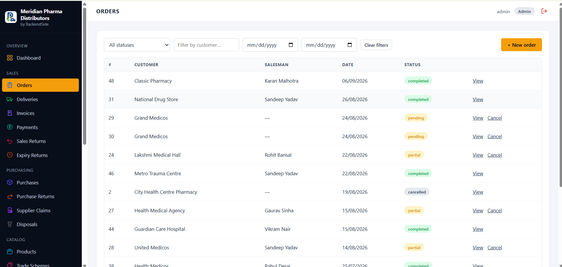 The Orders list filtered by status, customer and date range, with each order's salesman, date and pending, partial, completed or cancelled status