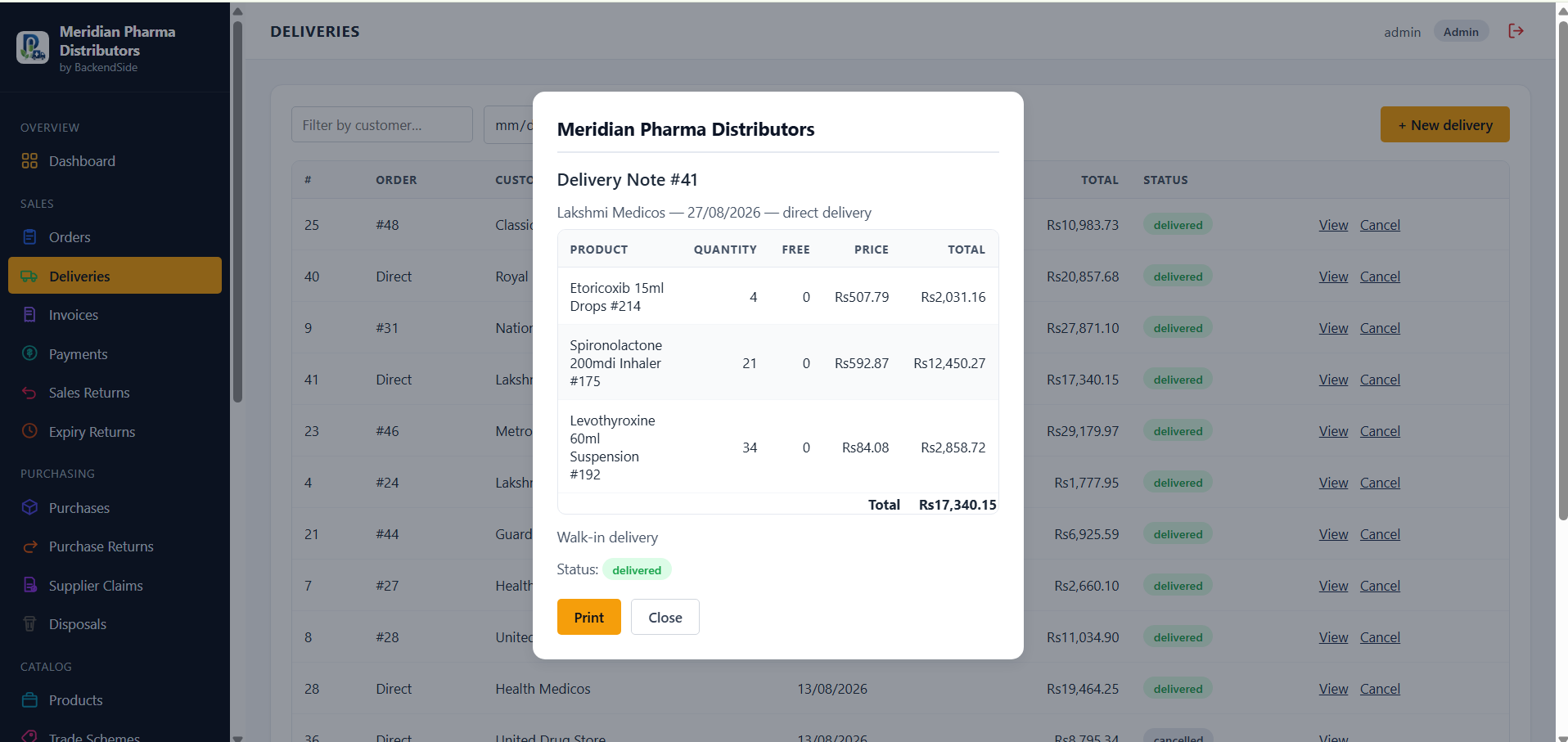 A printable delivery note listing product, quantity, free quantity, price and total per line, with the delivery's total and delivered status
