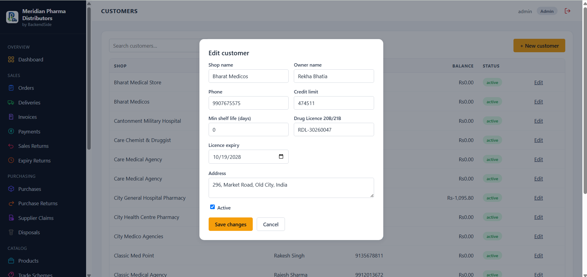 The edit customer form with shop name, owner name, phone, credit limit, minimum shelf life in days, drug licence number, licence expiry date and address