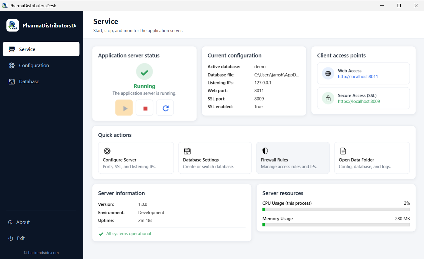 The admin app's Service tab showing the application server running, current configuration and web and secure client access links, with server version, environment and resource usage