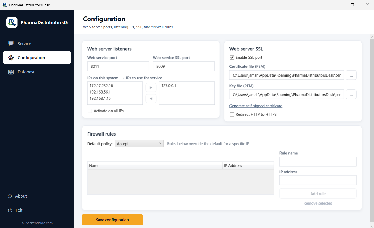 The admin Configuration tab with web server port and SSL settings, listening IP selection and firewall rules by IP address
