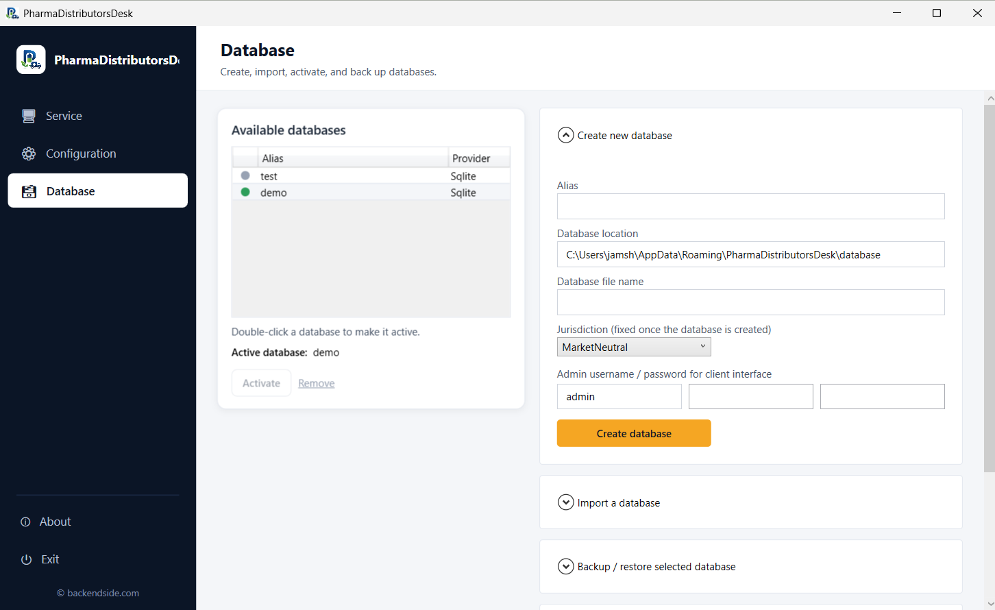 The admin Database tab creating a new database with an alias, location, a jurisdiction dropdown fixed once created, and the initial admin username and password