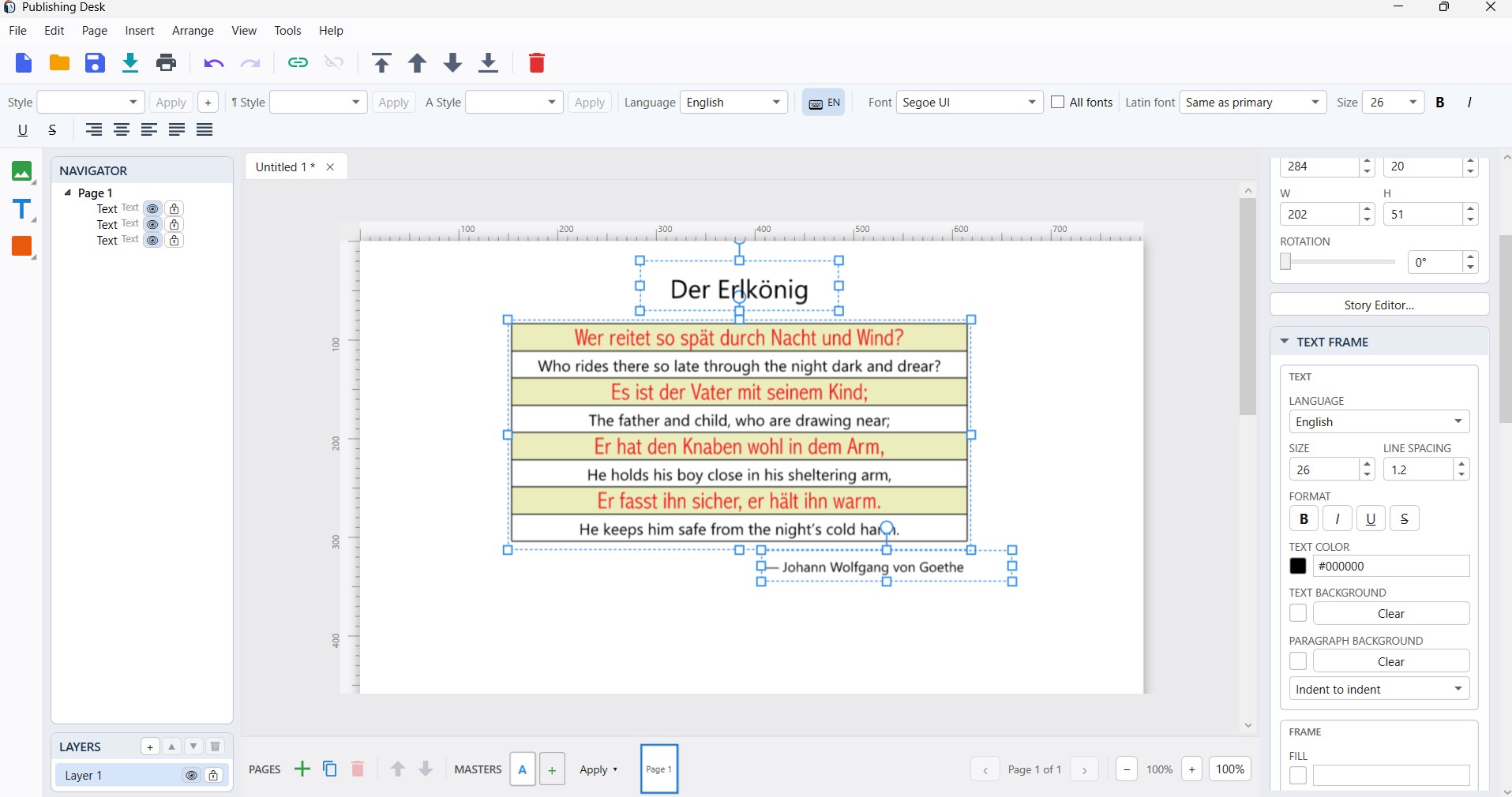 A bilingual poem laid out line by line: each German verse line sits in red on a pale highlighted paragraph background with its English translation on a plain line beneath it, under a Der Erlk&ouml;nig title frame, with the text background and paragraph background controls visible in the properties panel