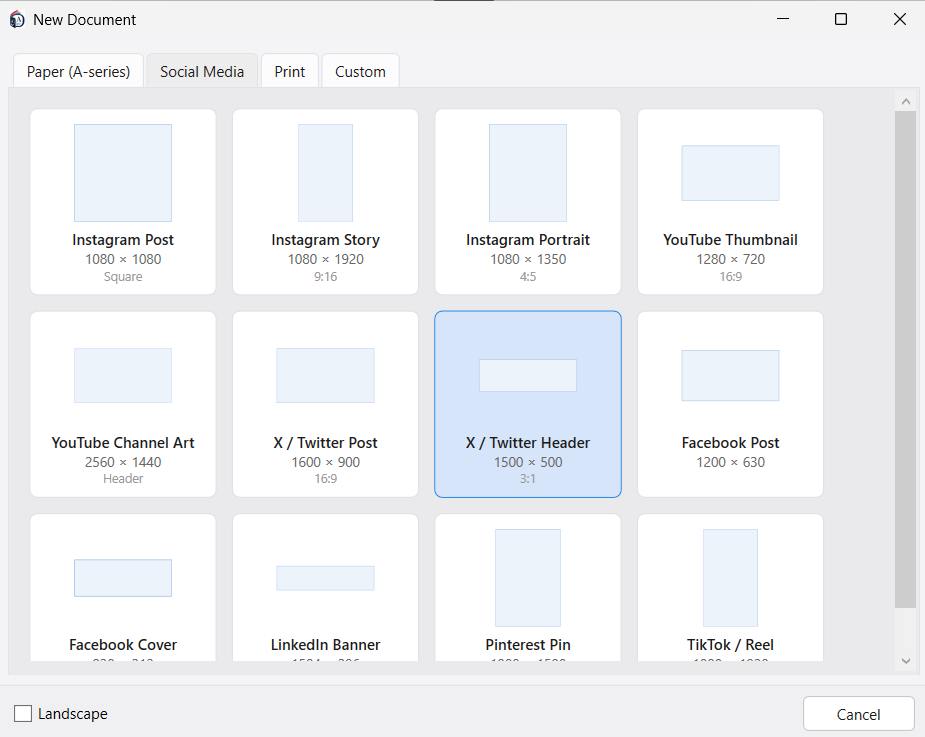 The New Document dialog on its Social Media tab, offering ready-made sizes for Instagram Post, Story and Portrait, YouTube Thumbnail and Channel Art, X / Twitter Post and Header, Facebook Post and Cover, LinkedIn Banner, Pinterest Pin and TikTok / Reel, each with its pixel size and aspect ratio