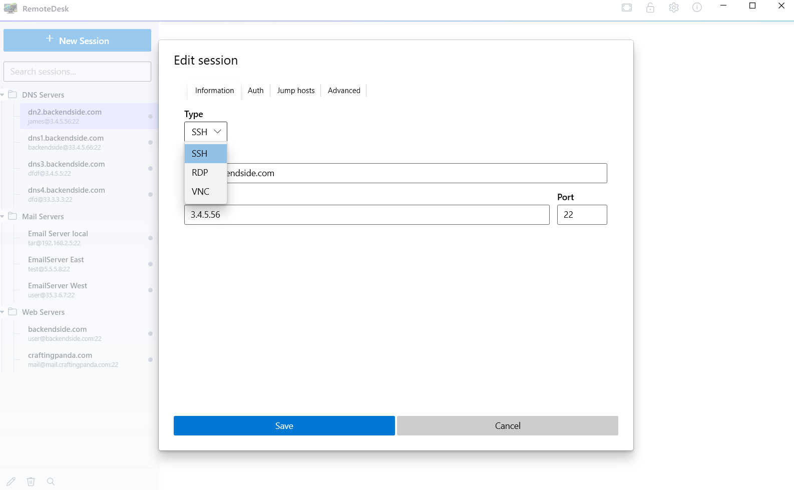 The Edit session dialog on its Information tab, with tabs for Information, Auth, Jump hosts and Advanced, and an open Type list offering SSH, RDP and VNC above the host and port fields