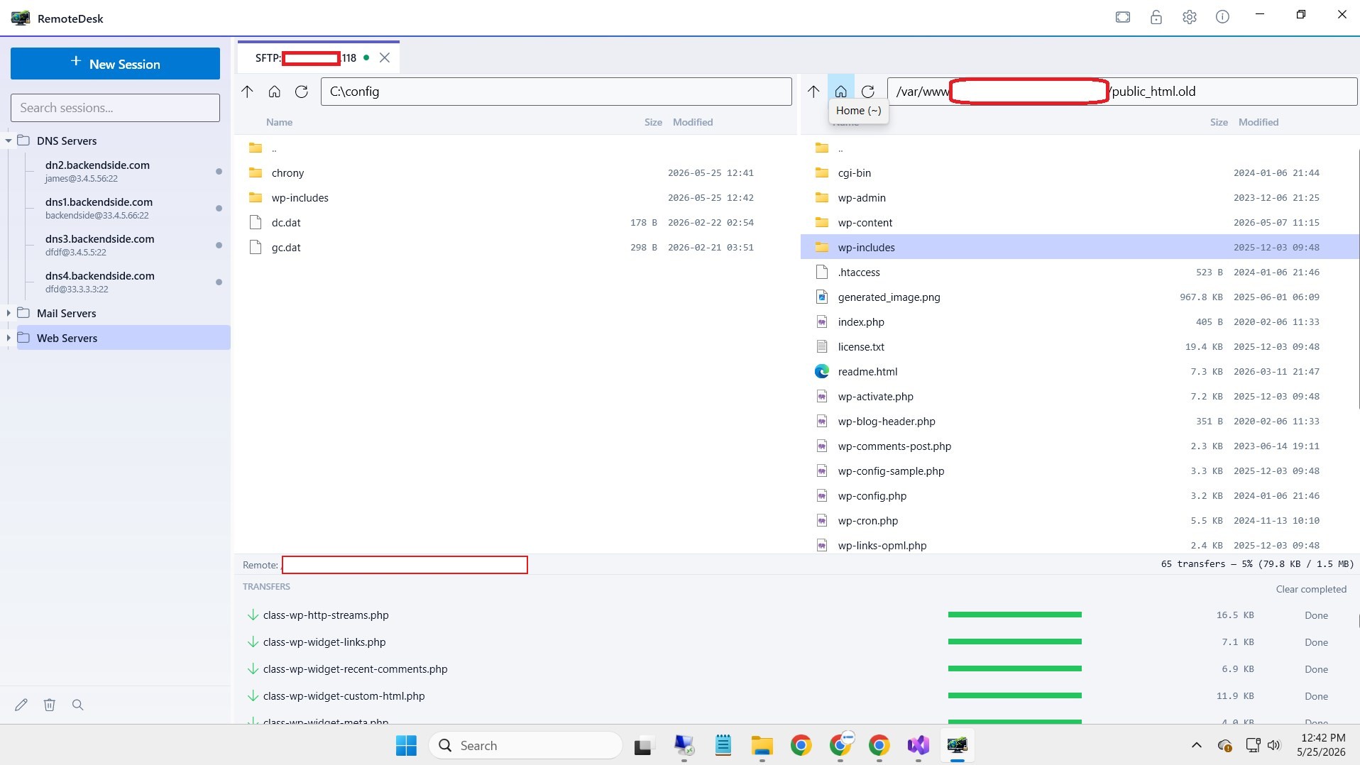 An SFTP tab with a dual-pane file browser: the local folder on the left and the remote folder on the right, each listing names, sizes and modified dates, with a transfers panel below showing several completed file downloads with progress bars and a running total