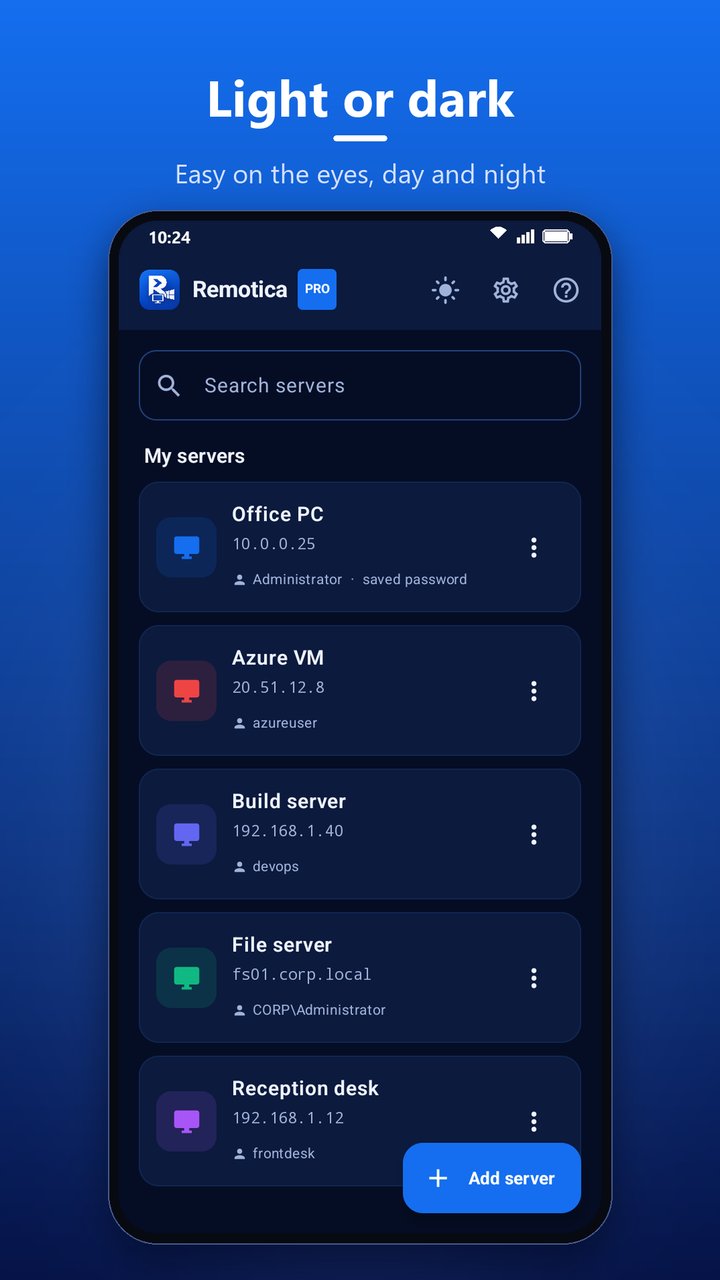 Remotica's server list in the dark theme