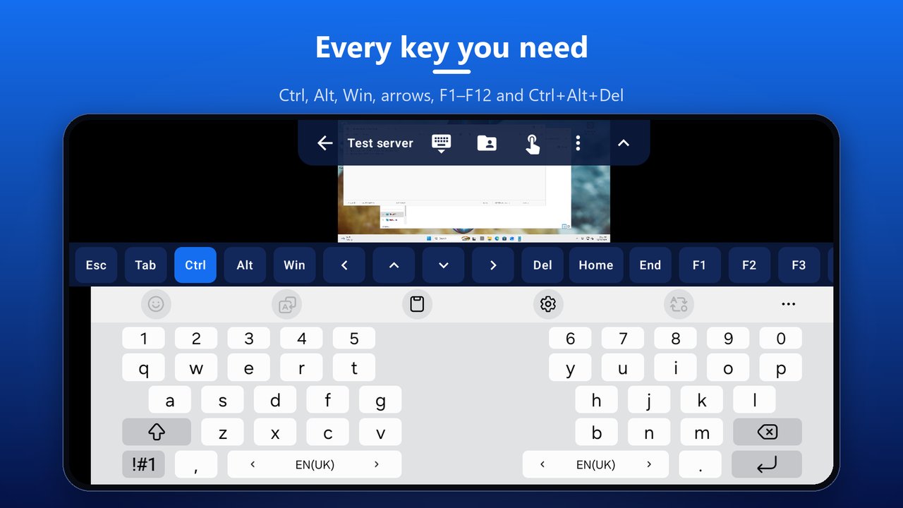 Remotica's key row with Esc, Tab, Ctrl latched, Alt, Win, arrows, Del, Home, End and function keys above the on-screen keyboard