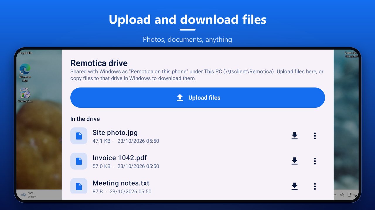 Remotica's drive panel over a Windows session with an Upload files button and three files in the drive, each with download and menu buttons