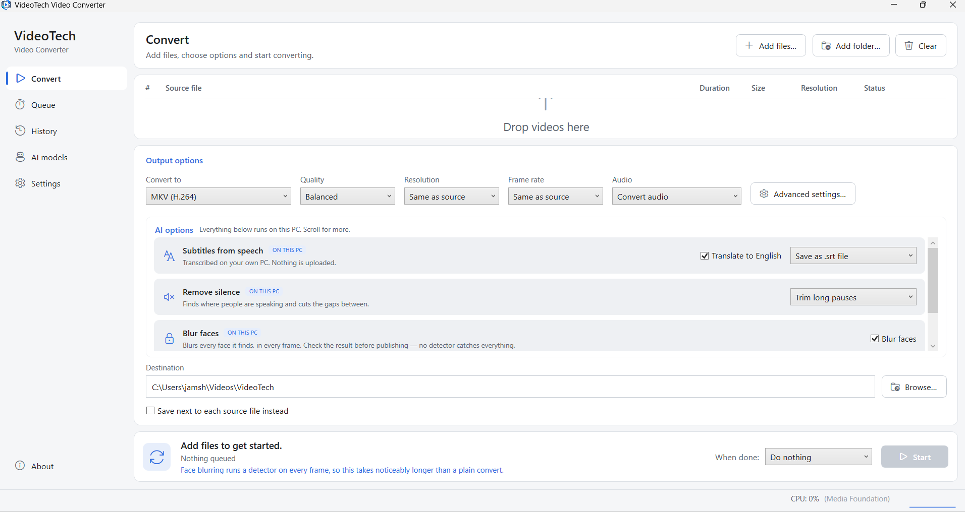 The VideoTech Convert page showing output format, quality, resolution and frame-rate options with the AI options panel below listing subtitles from speech, remove silence and blur faces, each marked ON THIS PC